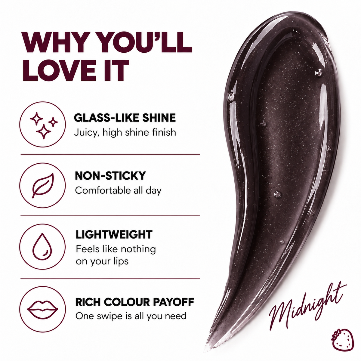 Midnight | High Shine Black Lip Gloss | Juicy Nourishing Formula | 5.5 ml